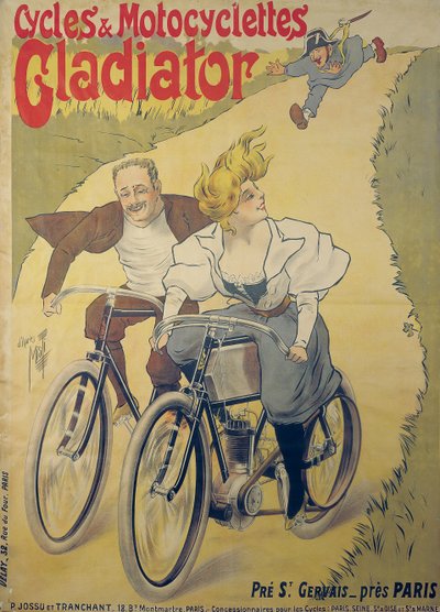 Poster die Gladiator fietsen en motorfietsen adverteert door Ferdinand Misti Mifliez